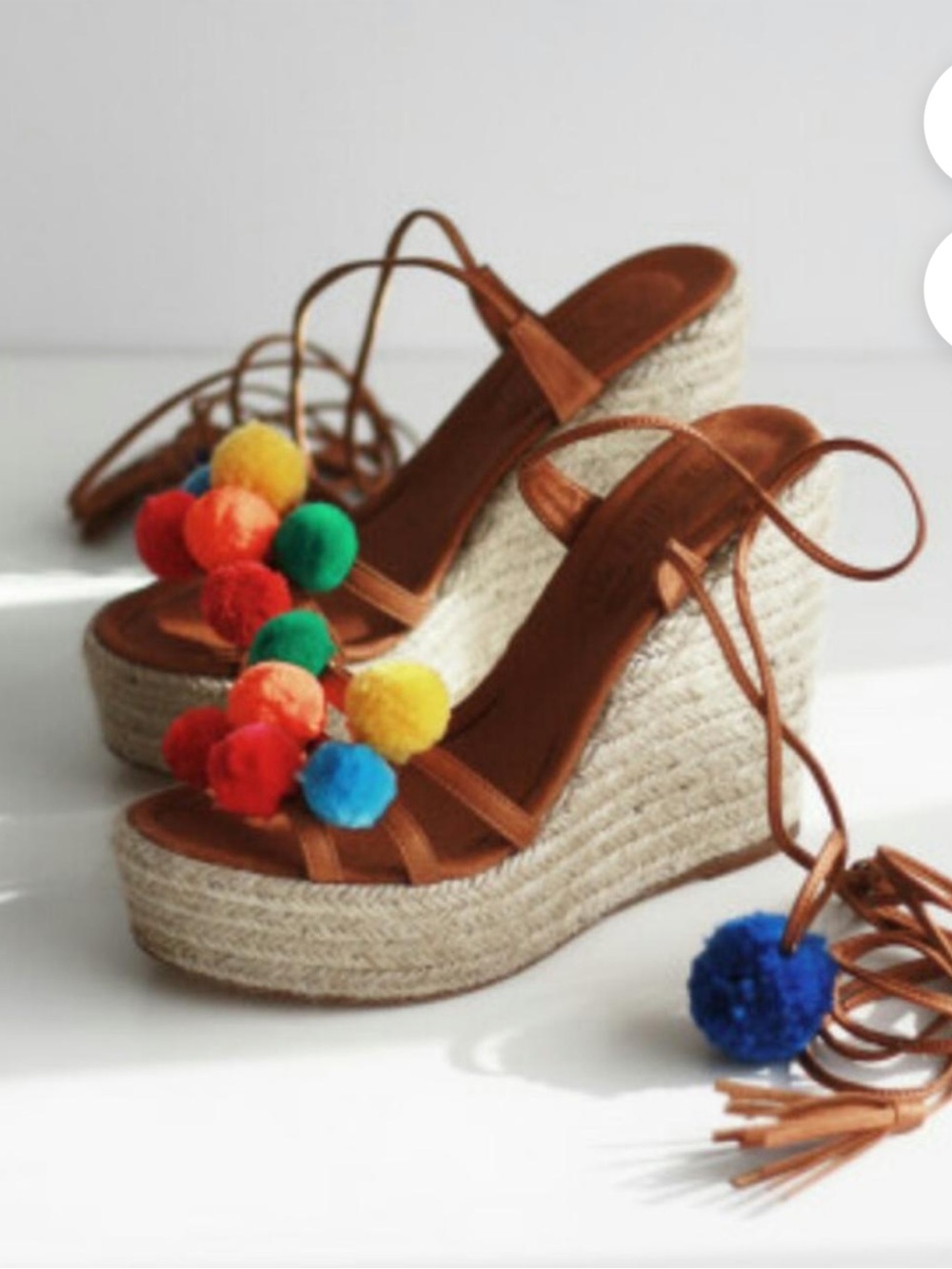 Brown Espadrille Wedge Sandals with Multicolor Pom Poms